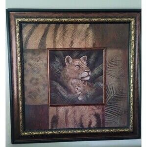 Large Framed Safari Lioness & Cub Wall Art‎ 44x44 Brown Gold Animal Print Home